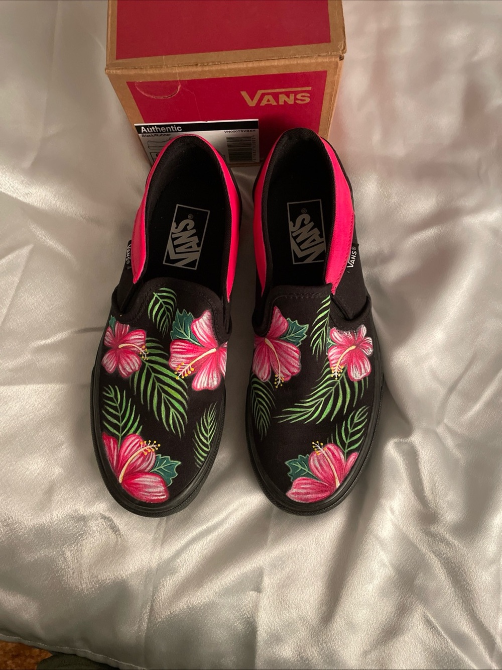 Vans Hand painted Black Slip-On Sneakers with Pink Floral Print - Picture 1 of 5